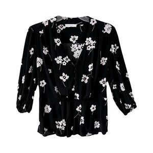 Elodie | Black Floral Cherry Blossom Peplum V-Neck Blouse, Medium